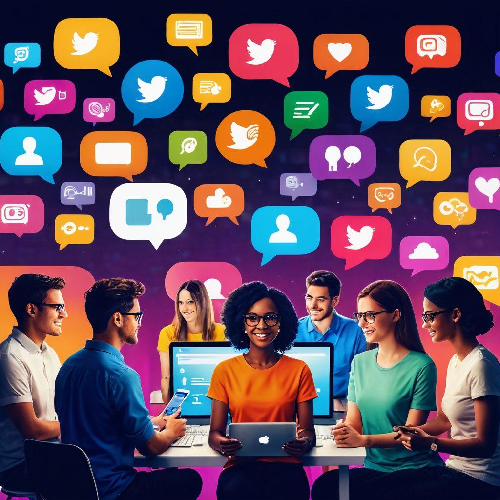 A diverse group of people interacting through digital devices, showcasing vibrant screens filled with social media icons and emoticons, united in a virtual community. In the background, colorful speech bubbles represent conversations and connections. A warm, inviting atmosphere is created with soft lighting and a blend of technology and humanity. The illustration should evoke a sense of belonging and collaboration. super-realistic. vibrant colors. digital art.