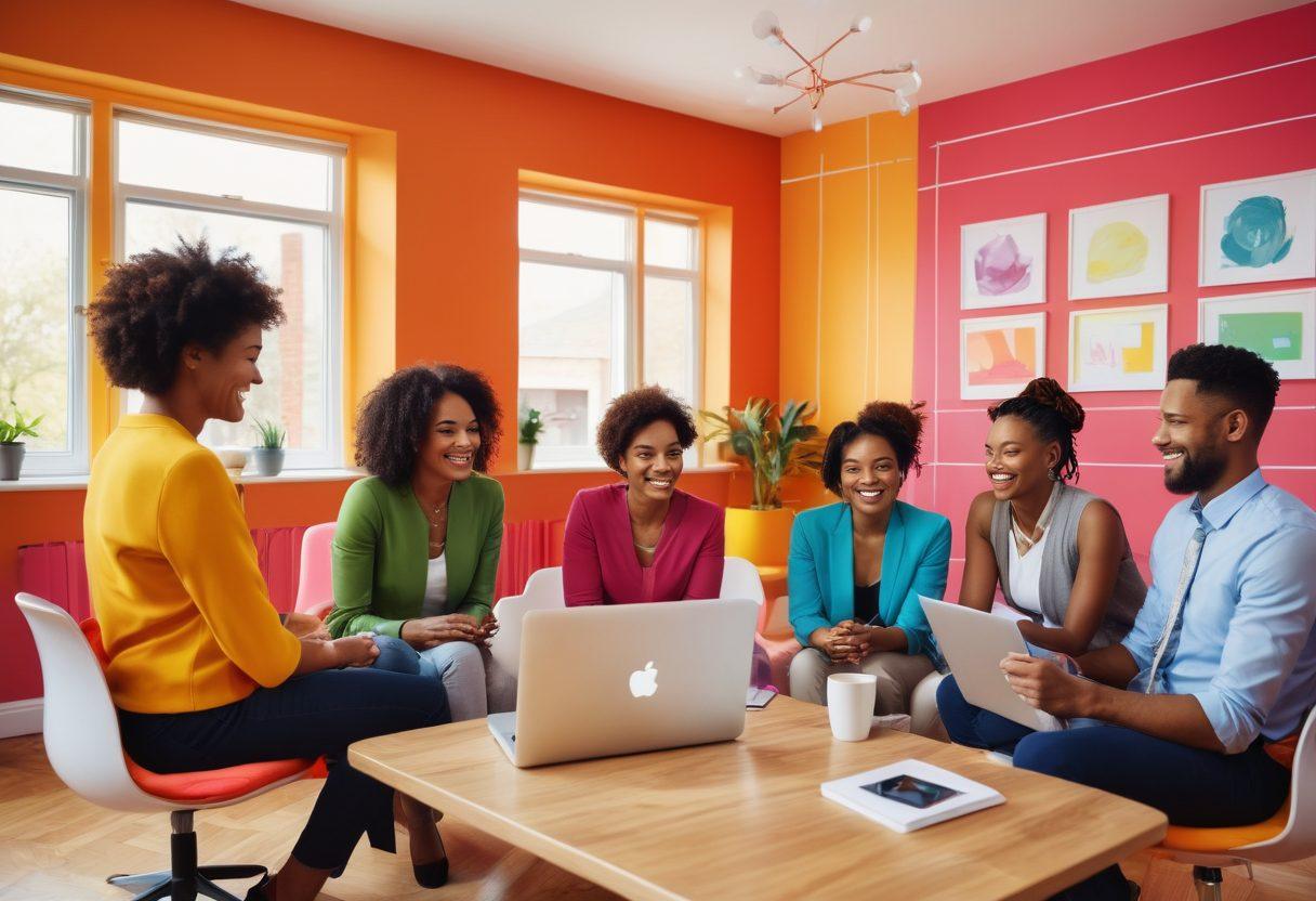 A diverse group of people engaging in a virtual networking event, each in their own colorful home office setting, with digital connection lines linking them together. Elegantly designed user interfaces and social media icons can be subtly included around to illustrate online interaction. Capture the warmth of personal connections through friendly expressions and gestures. modern graphic style. vibrant colors. bright background.