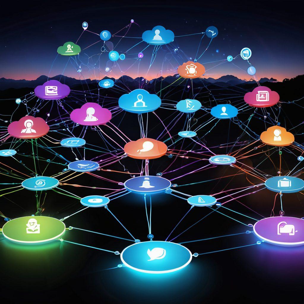 A serene digital landscape showcasing diverse individuals connecting through virtual devices, forming intricate networks of glowing lines symbolizing relationships. Include elements like social media icons, chat bubbles, and intertwined hands to represent unity and collaboration. The background should feature a harmonious blend of technology and nature, reflecting both online and offline connections. vibrant colors. 3D.